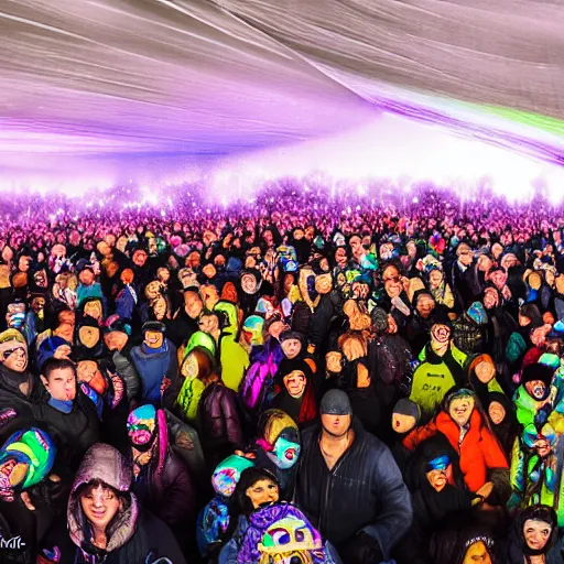 Prompt: Chukchee crowded rave in tundra, hyperrealistic photo