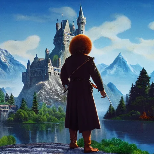 Image similar to Bob Ross in front of the Castle of Distant Ideal, fantasy art, 8k HD wallpaper, professional art, Wes Anderson, Camelot, Arthurian legend, Featured on art