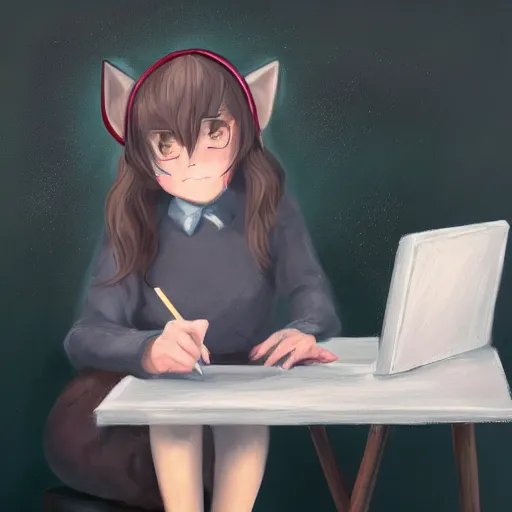 Prompt: girl writing on a blackboard, cat ears, expressive oil painting, trending on artstation, digital art, beautiful lighting, detailed