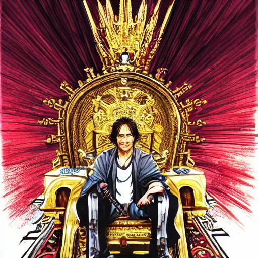 Image similar to modern self portrait of man sitting on throne, legs crossed, while holding a sword, white man, hispanic, brown hair, light skin, golden throne, red robes, 8 k, hi - rez, circles, lamented, clear, brown eyes, colored, sharp, illustrated by yoji shinkawa