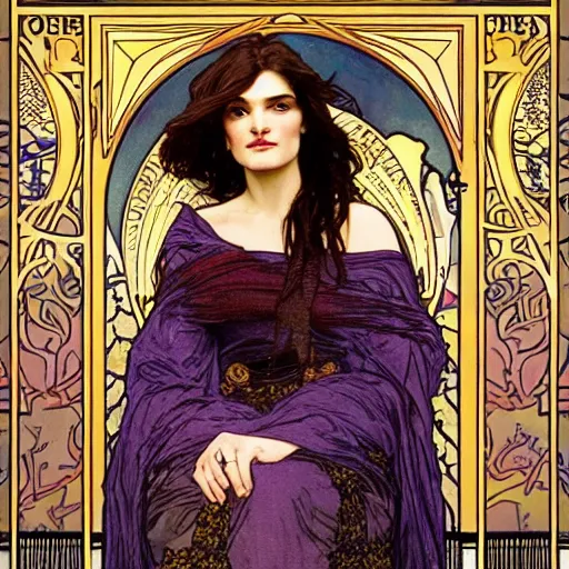 Prompt: rachel weisz portrait by louis - theophile hingre and alphonse mucha, realistic, sharp focus, zodiac signs, tarot cards, planets, ethereal, art nouveau, magic, moon, sun, crown, dreamy, royal, jewellery