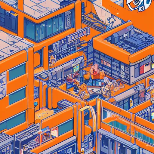 Image similar to isometric cyborg warehouse, sprite, graphic novel, visual novel cg, 8 0 s anime vibe, kimagure orange road, maison ikkoku, trending on artstation, 2 d hd, 3 2 x 3 2