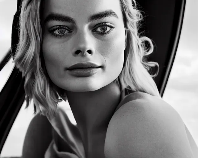 Image similar to a photo of margot robbie sitting on a helicopter, hyper realistic face, beautiful eyes, cinematic, long shot, hyper detailed, 8 5 mm photograph, 8 k resolution, film still, sharp lens, wide lens