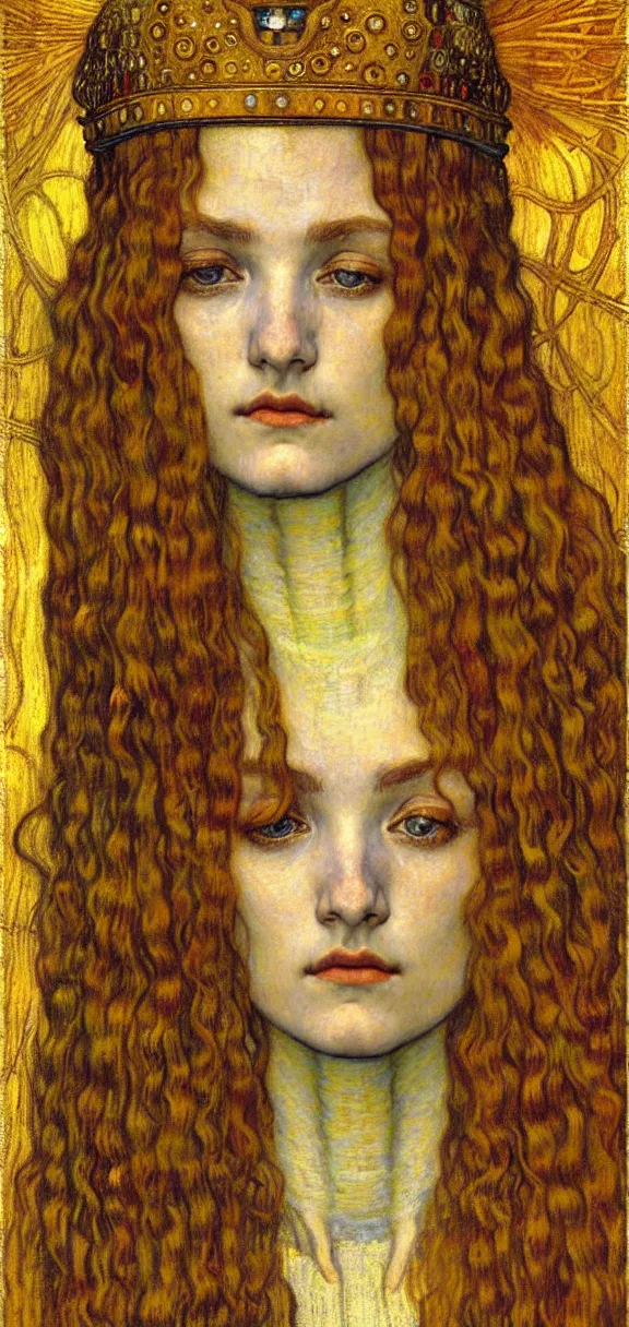 Image similar to detailed realistic beautiful young medieval queen face portrait by jean delville, gustav klimt and vincent van gogh, art nouveau, symbolist, visionary, gothic, pre - raphaelite, muted earthy colors, desaturated