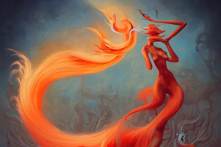 Image similar to prompt A beautiful red orange kumiho, nine fox tails, Peter Mohrbacher