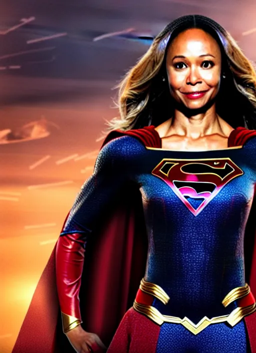 Image similar to thandiwe newton as supergirl, photorealistic, 8 k hd resolution