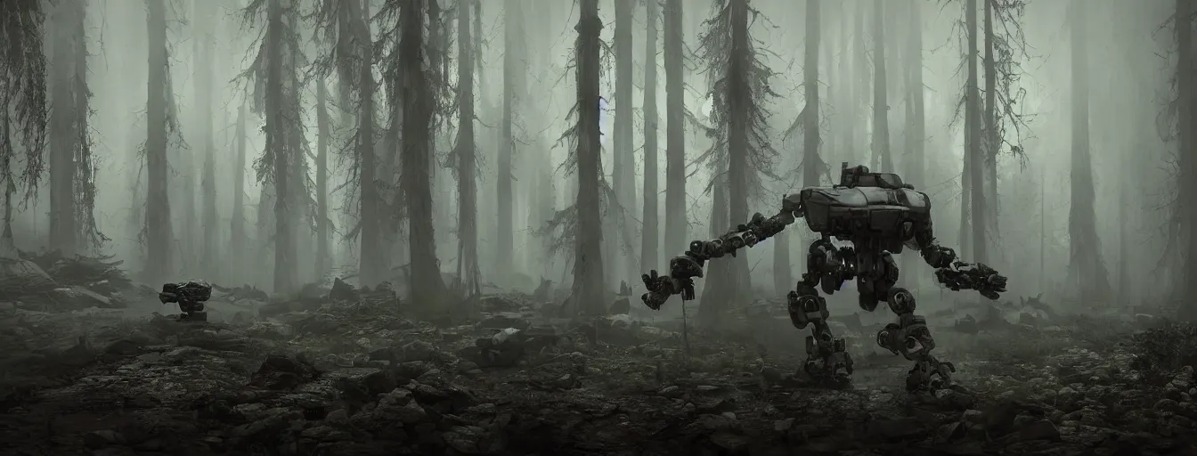 Prompt: dark foggy forest in the night, scifi robots with strong lights are searching for hidden human soldiers, postapocalyptic style, heavy rain, reflections, high detail, dramatic moment, motion blur, dense ground fog, dark atmosphere, saturated colors, by darek zabrocki, render in unreal engine - h 7 0 4