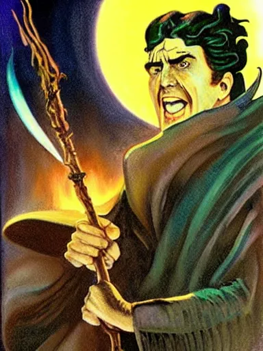 Image similar to weird al as a powerfulwizard holding a staff, serious expression, in the style of frank frazetta