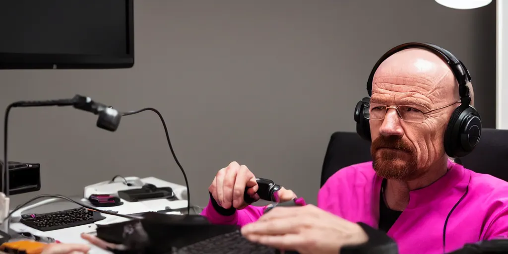 Image similar to walter white wearing pink headphones and sitting at his desk gaming, incredibly detailed, sharp focus, hyper realistic, sony 3 5 mm lens