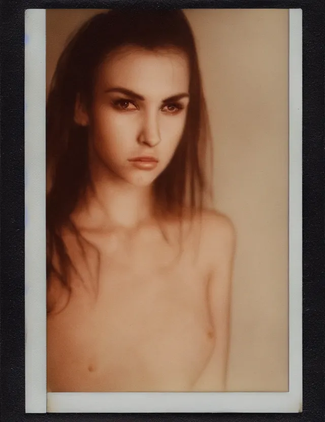 Image similar to polaroid photo with flash, beautiful albinist model, polaroid photo bleached strong lights, kodak film stock, hyper real, stunning moody cinematography, with anamorphic lenses, by maripol, detailed