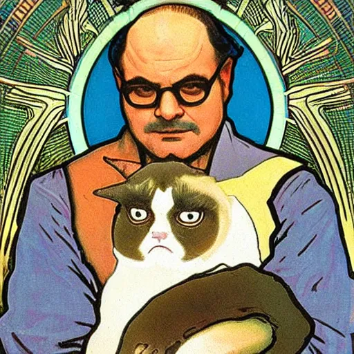 Image similar to “ portrait of george costanza from seinfeld holding grumpy cat, by alphonse mucha ”