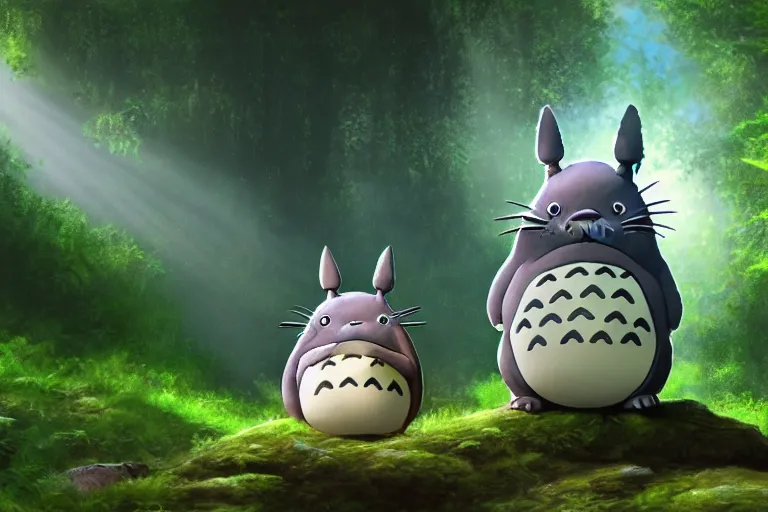 Prompt: photorealistic Totoro sitting in a forest, fantasy, CGI, animated movie, high detail, god rays, Trending on artstation, artstationHD, artstationHQ