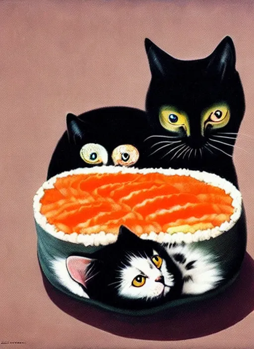 Image similar to clear surrealist painting of adorable cats made out of sushi