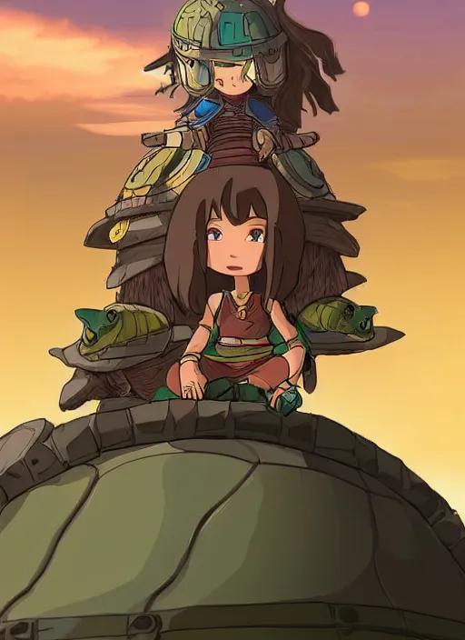 Image similar to portrait of a little warrior girl character sitting on top of a giant armored turtle in the desert, studio ghibli epic character with dark skin and beautiful green eyes, very beautiful detailed symmetrical face, long black hair, bright colors, diffuse light, dramatic landscape, fantasy illustration