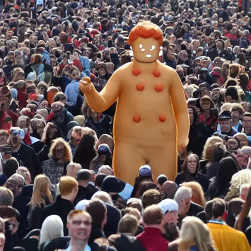 Image similar to a 7 0 foot tall ginger man walking among the crowd