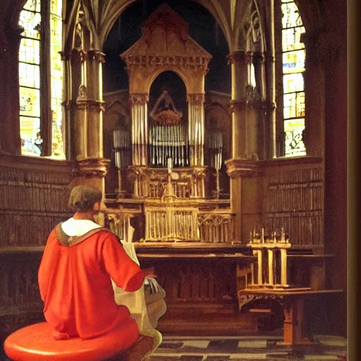 Image similar to a renaissance painting of a man sitting on the seat of a pipe organ inside of a cathedral, the man is tiny im comparison to the size of the cathedral.