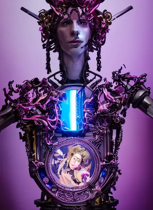 Image similar to full-body baroque and cyberpunk style sculpture of a young seductive Hispanic prince half android with a chest exposing a glowing gemstone battery and a CRT monitor face, glowing pink seductive laser eyes, crown of blue gears and diamonds, swirling salmon-colored silk fabric, robotic raptors dinosaurs. baroque elements. full-length view. intricate artwork by caravaggio. art by Artgerm and Greg Rutkowski and Alphonse Mucha and Tooth Wu and Beeple, Trending on artstation, cinematic industrial lighting, hyper realism, octane render, 8k, depth of field, 3D