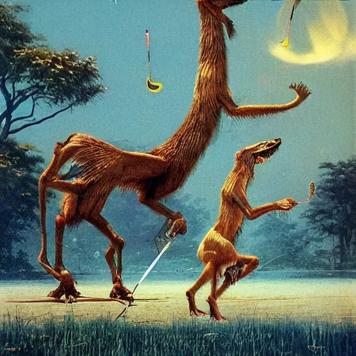 Prompt: anthromorphic animals playing badminton by Bruce Pennington