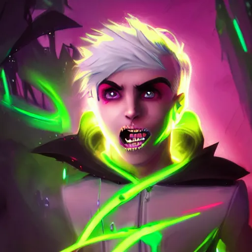 Image similar to Young Danny phantom with glowing green eyes and sharp teeth fangs alt art fashion punk, art by WLOP and Charlie Bowater and WLOP and Mark Arian and Ross Tran + neon colors, symmetry,A digital matte intricate illustration concept art , intricate complexity, epic composition, magical atmosphere, highly detailed, cinematic lighting + masterpiece, trending on artstation + 8k