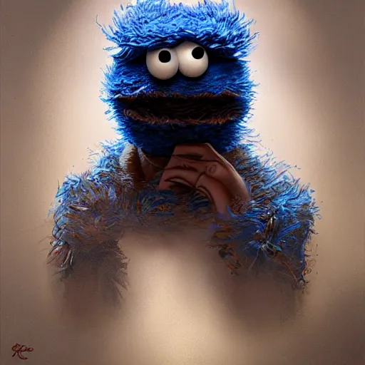 Image similar to ultra realistic illustration, cookie monster from sesame street, intricate, elegant, highly detailed, digital painting, artstation, concept art, smooth, sharp focus, illustration, art by artgerm and greg rutkowski and alphonse mucha