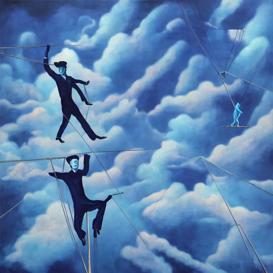 Image similar to surrealist artwork about a tightrope walker among the clouds falling down into a megacity full of illusions '. blue indigo colour scheme