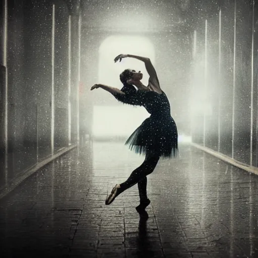 Image similar to portrait of a ballerina dancing in the rain, cinematic light and reflections, beautiful dreamy lighting,