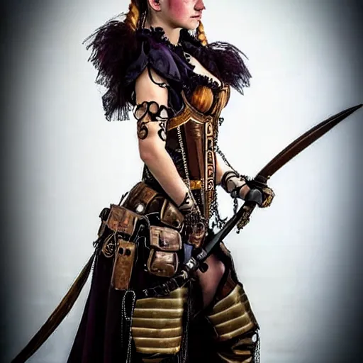 Image similar to photo of a real-life beautiful steampunk female warrior