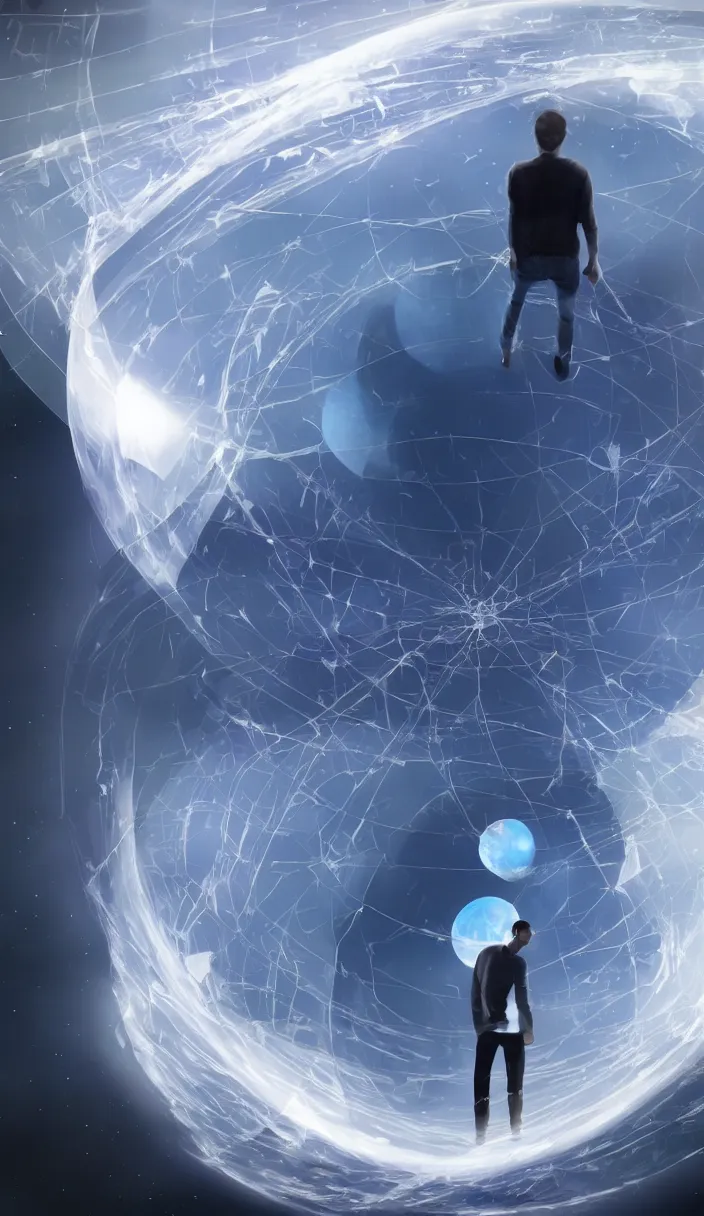 Prompt: a young man alone in one enormous transparent spherical capsule in the middle of outer space, digital art