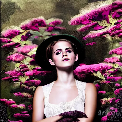 Prompt: painting on washed out on worn out canvas rough textured canvas wall full body fashion model emma watson smokey eyes makeup eye shadow fantasy, glow, shimmer as victorian woman in a long white frilly lace dress and a large white hat having tea in a sunroom filled with flowers, roses and lush fern flowers ,intricate, night, highly detailed, dramatic lighting , high quality