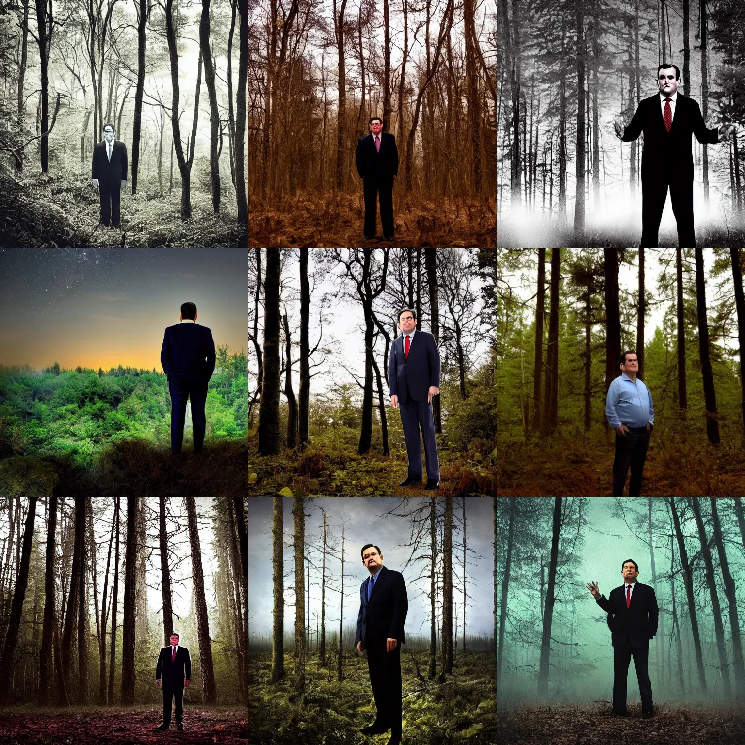 Prompt: ted cruz standing alone in the distance in a dense forest landscape over a twilight sky, creepy, lovecraftian