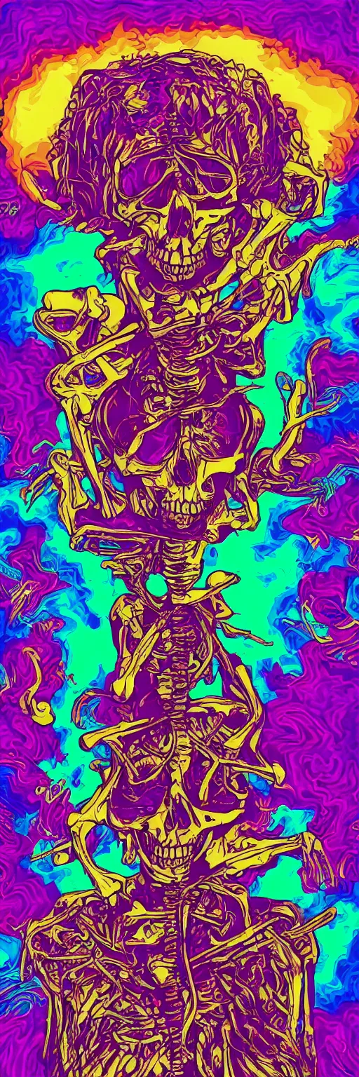 Image similar to vaporwave skeleton with psychedelic background