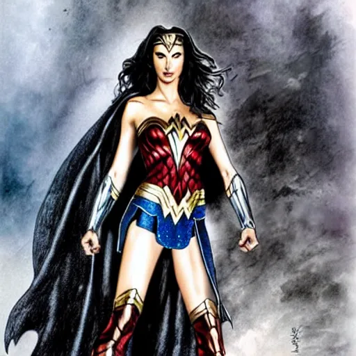 Image similar to Gal Gadot as Wonder Woman, full body illustration by Luis Royo