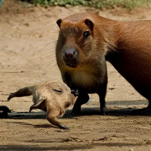 Prompt: a capybara fighting the predator from alien movie