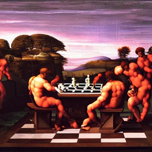 Image similar to a Nvidia robot with no other purpose in life than looking at a painting of gods playing chess under a crimson sky. Painted by Michelangelo. Hd. 4k. Arcane style