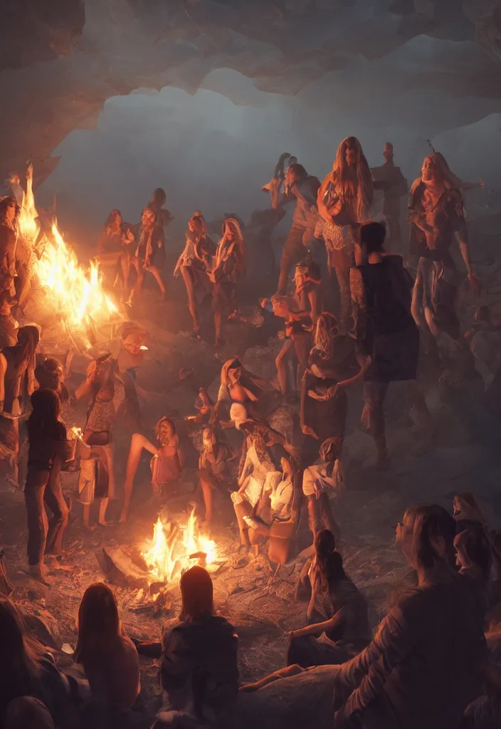 Image similar to epic leader pregnant woman talking to all her tribe around a bonfire, proud people looking at the pregnant woman, ice cave, facinating, fantasy digital art, octane render, beautiful composition, trending on artstation, coherent, masterpiece, photorealistic