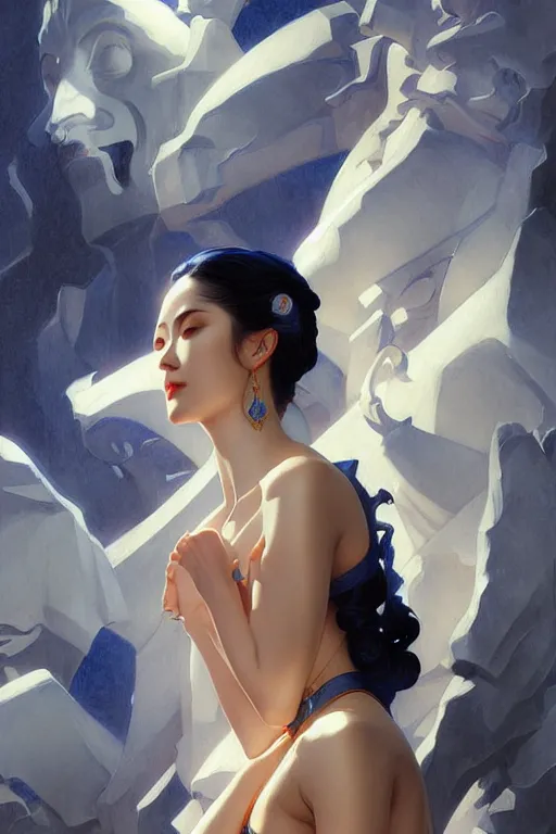 Image similar to temple, taoism, blue tint, painting by greg rutkowski, j. c. leyendecker, artgerm