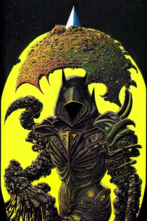 Prompt: black and yellow technicolor color risoprint, richard corben, wayne barlowe, moebius, heavy metal comic cover art, psychedelic triangular lich in heavy shoulders armor, very intricate, thick outline, full body, symmetrical face, long black crown, in a shapes background, galactic dark colors