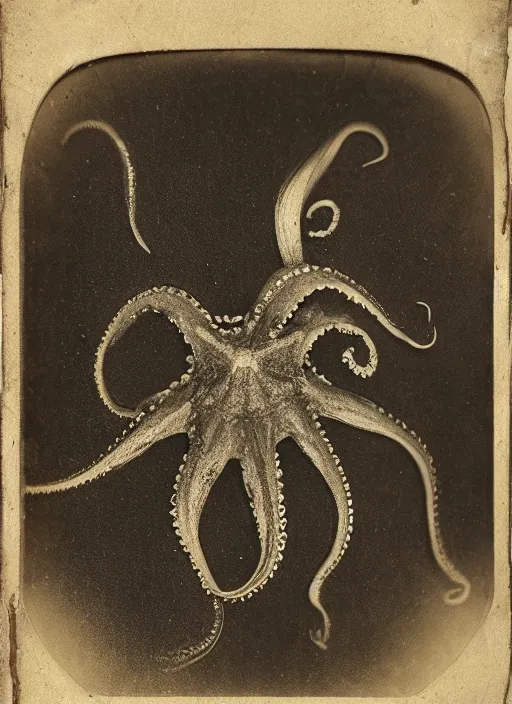 Prompt: wetplate daguerreotype portrait of a octopus by louis jacques mande daguerre