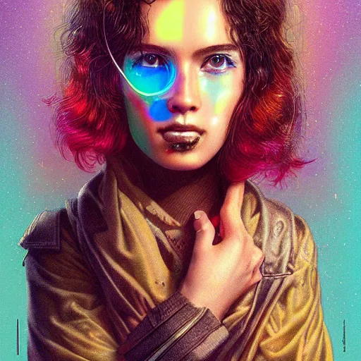 Prompt: Lofi vaporwave cyberpunk portrait beautiful woman with short brown curly hair, roman face, rainbow, Pixar style, Tristan Eaton, Stanley Artgerm, Tom Bagshaw