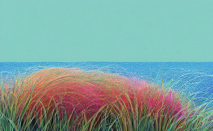 Image similar to one single stand alone huge hyperdetailed minimalist elaborate blooming plant, seen from the long distance. by the sea. maximalist unexpected elements. free sky in plain natural warm tones. 8 x 1 6 k hd mixed media 3 d collage in the style of a childrenbook illustration in pastel tones. matte matte background. no frame hd