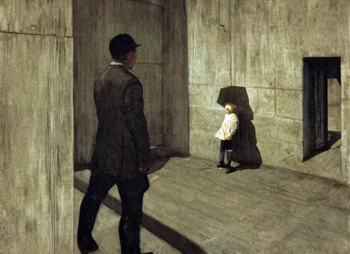 Image similar to dark alley with a poor child being questioned by a futuristic cop, painting by andrew wyeth and alan lee, very detailed, somber mood,