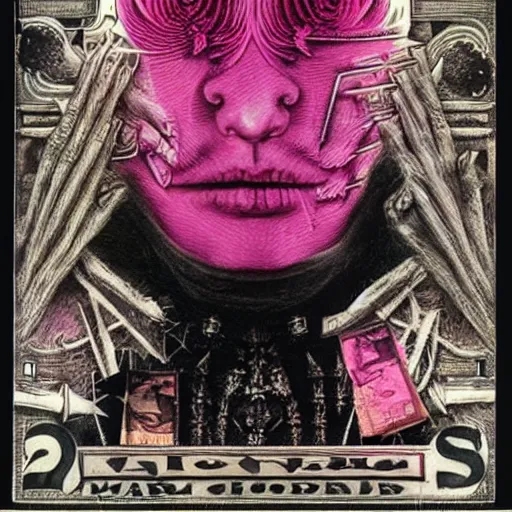 Image similar to post - punk new age album cover, asymmetrical design, frame of a dollar bank notes, capitalism, magic, apocalypse, psychedelic, black white pink, magic, giger h. r., giuseppe arcimboldo