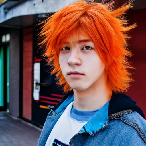 Image similar to orange - haired anime boy, 1 7 - year - old anime boy with wild spiky hair, wearing blue jacket, battle aura, in front of ramen shop, strong lighting, strong shadows, vivid hues, raytracing, sharp details, subsurface scattering, intricate details, hd anime, high - budget anime movie, 2 0 2 1 anime