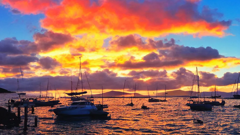 Prompt: Paisible sunset at Lahaina Maui, some boats, a few birds in the sky, sharp focus, illustration, paisible night lighting, incredible Photography wild angle 35mm