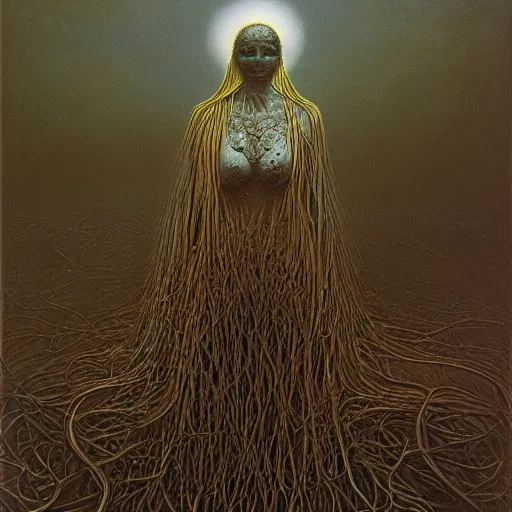 Image similar to the queen of the sun by zdzislaw beksinski and h. r. giger, oil on canvas