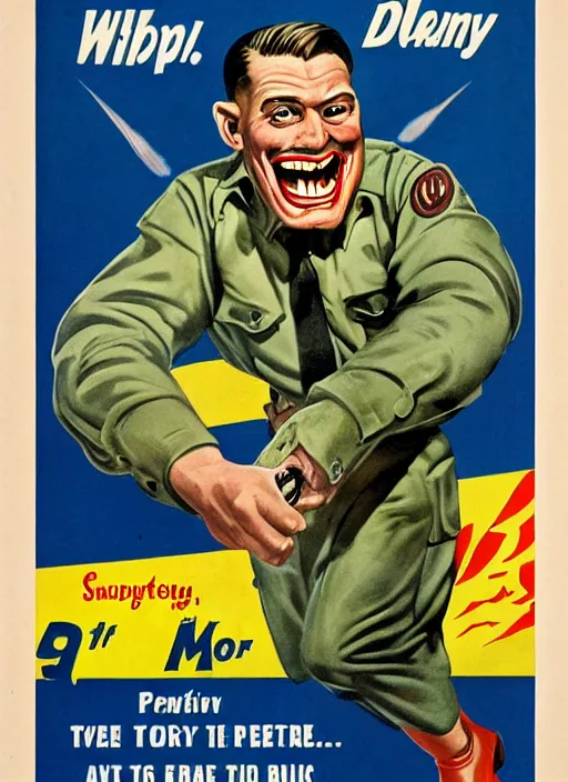 Image similar to creepy Tank Dempsey with a scary comically large smile, 1940s scare tactic propaganda art
