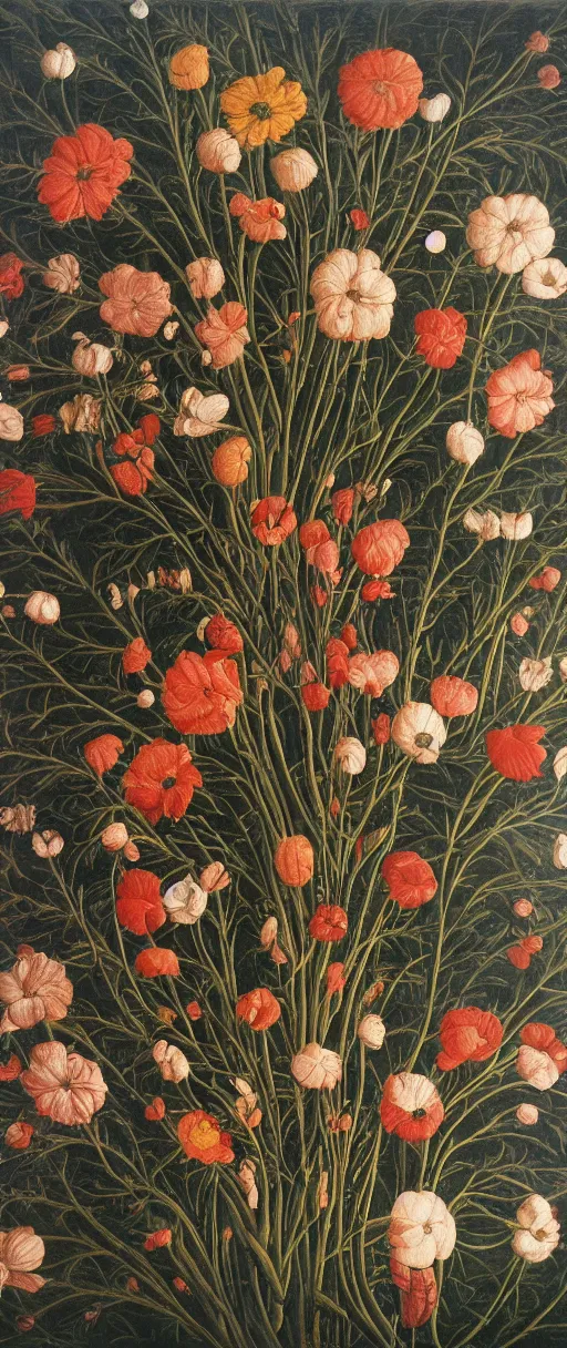 Image similar to oil painting of many various flowers on a dark background, painted by Sandro Botticelli, the flowers are floating and are seen from the side, dark atmosphere, realistic flowers oil painting