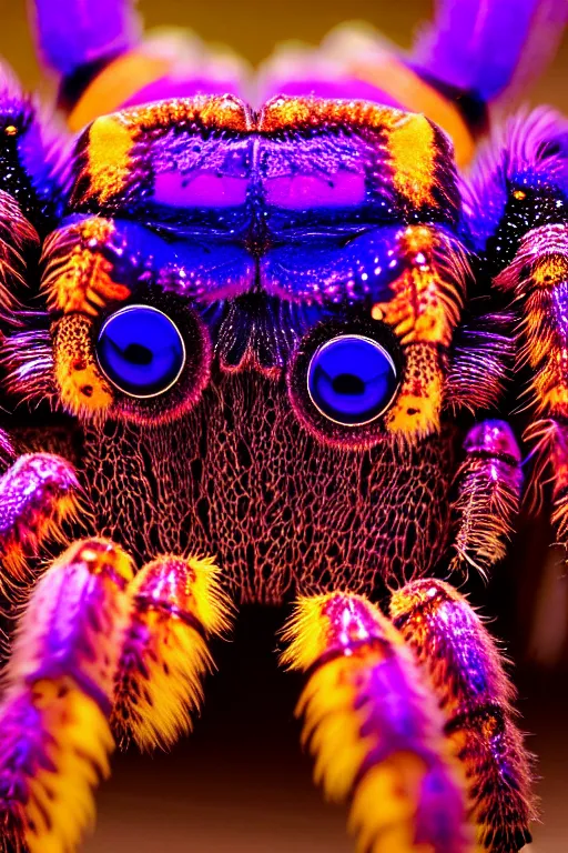 Prompt: high quality close-up photo gothic holographic tarantula! jewelled gorgeous! highly detailed david ligare elson peter cinematic purple neon lighting high quality low angle hd 8k sharp shallow depth of field