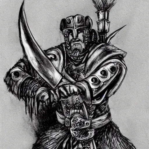 Image similar to a kislev warrior who is wearing iron gauntlets in the shape of bear claws in the style of warhammer fantasy : : head and shoulders drawing