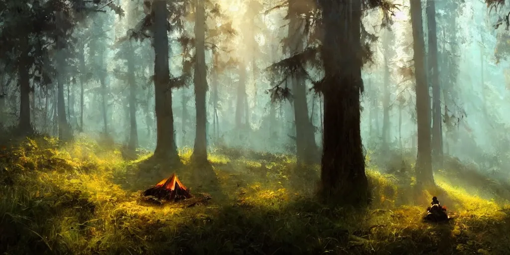 Image similar to A Craig Mullins oil painting of a hauntingly beautiful forest in the morning; a-weary-traveler-is-sitting-next-to-a-small-campfire; rays of light coming through the canopy; trending on artstation; extraordinary masterpiece!!!!!!; 8k